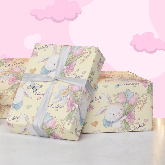 Papel De Regalo Dulce conejo con flores nombre personalizado (Subido por el creador)