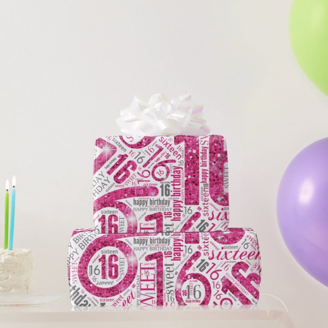 Papel De Regalo Dulce Dieciséis Sparkle Word Cloud Pink White ID26 (Regalos de fiesta)