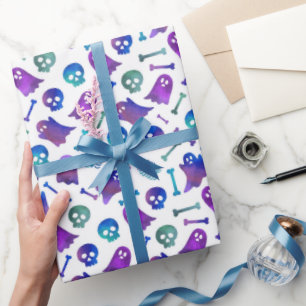 Papel De Regalo Dulce Fantasma de Halloween Morado Calavera Azul E