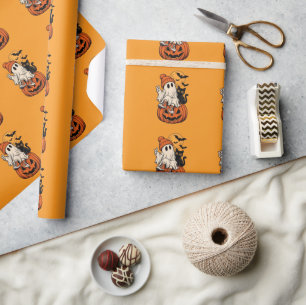 Papel De Regalo Dulce Fantasma Retro de Halloween Calabaza Nuestra