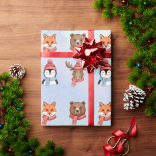 Papel De Regalo Dulce Feliz Animal Acuarela Azul Navidad
