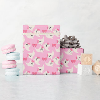 Papel De Regalo Dulce Halloween Rosa con Fantasmas y Lazos