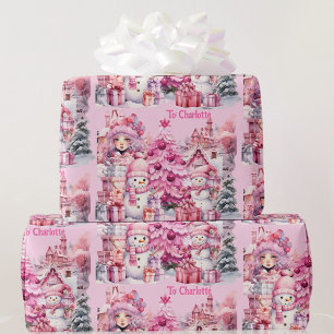 Papel De Regalo Dulce Navidades rosados añaden árbol de muñeco de 
