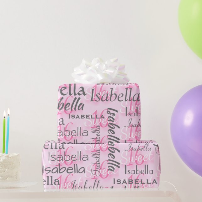 Papel De Regalo Dulce rosa 16 Nombre personalizado (Regalos de fiesta)