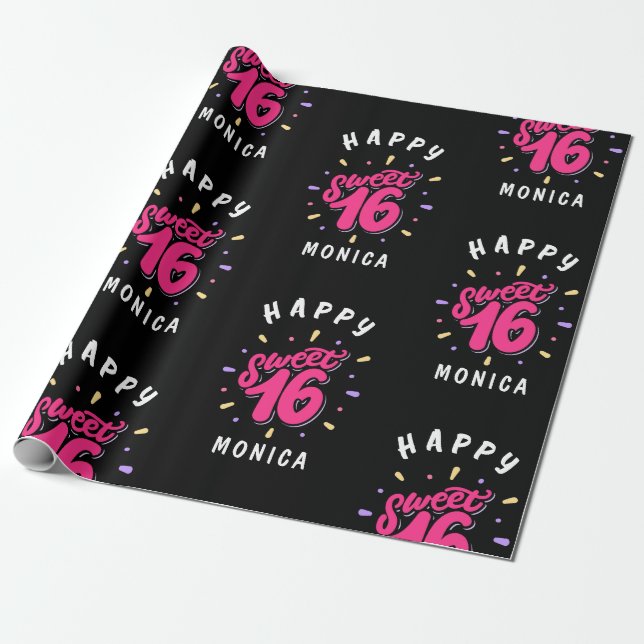 Papel De Regalo Dulce rosado negro 16 cumpleaños personalizado (Desenrollado)