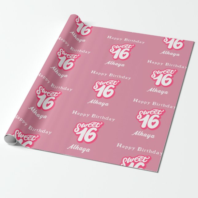 Papel De Regalo Dulce rosado retro 16º cumpleaños (Desenrollado)