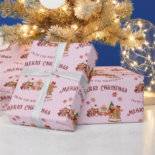 Papel De Regalo Dulce Tren de Pan de Jengibre y Familia Rosa Navid