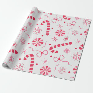 Papel De Regalo Dulces de Navidad rojos y rosas con lazos y nieve