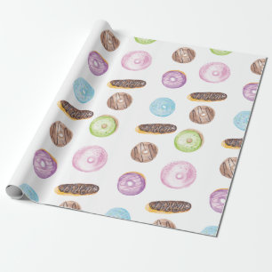 Papel De Regalo Dulces Donas Eclairs Acuarela Diversión Caprichoso