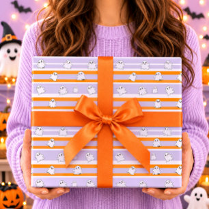 Papel De Regalo Dulces Fantasmas Halloween con Rayas Naranjas y Bl