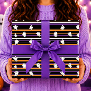 Papel De Regalo Dulces Fantasmas Rayas Negras Naranjas y Moradas