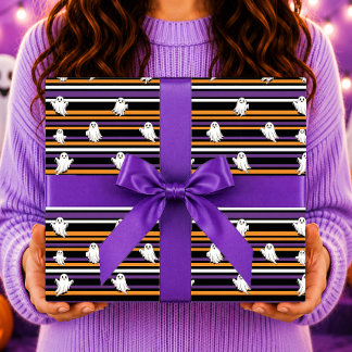 Papel De Regalo Dulces Fantasmas Rayas Negras Naranjas y Moradas