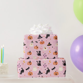 Papel De Regalo Dulces Fantasmas Rosados de Halloween Gatos y Cala