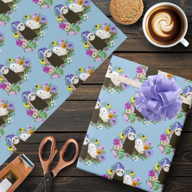 Papel De Regalo Dulces Ferrets Azules Caprichosos con Flores Parej (Subido por el creador)