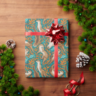 Papel De Regalo Dulces nutrias de natación en Gouache Verde azulad
