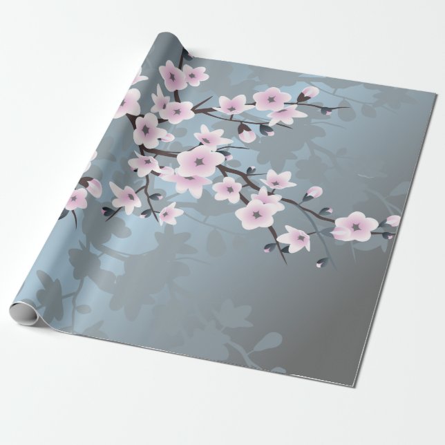 Papel De Regalo Dusky Rosa Duste Blue Cherry Blossoms Floral (Desenrollado)