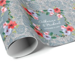 Papel De Regalo Duste Blue Silver Purpurina Floral acuarela