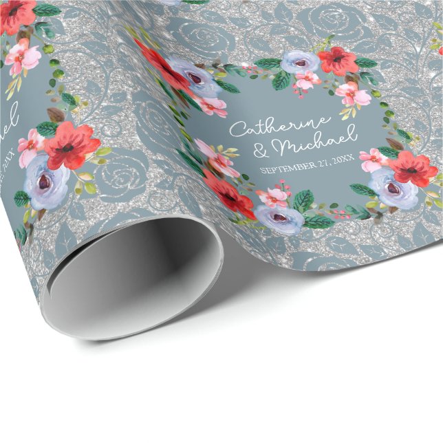 Papel De Regalo Duste Blue Silver Purpurina Floral acuarela (Esquina del rollo)