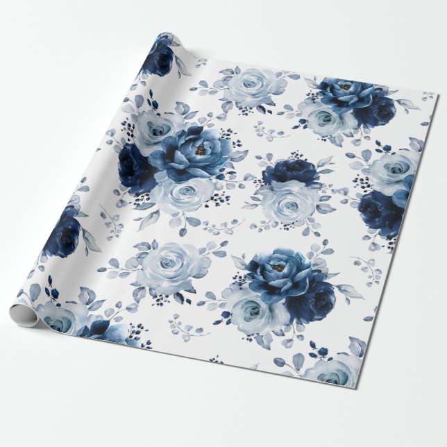 Papel De Regalo Dusty Blue Slate Navy Boda Botánico Floral Wra (Desenrollado)