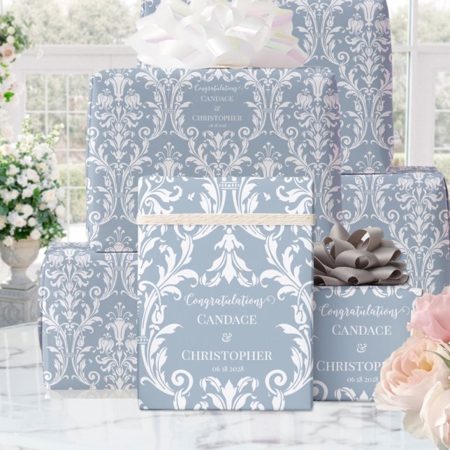 Papel De Regalo Dusty Blue White Damask Añadir nombre y felicitaci (Subido por el creador)