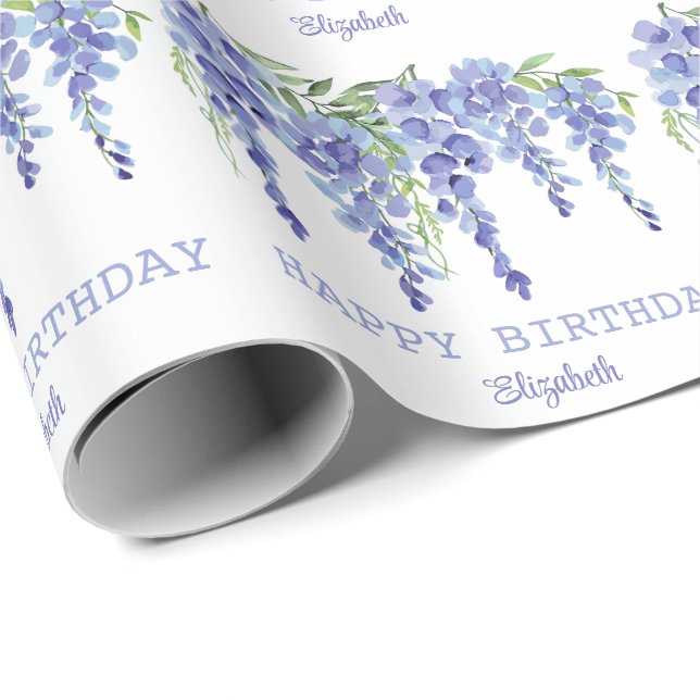 Papel De Regalo Dusty Blue Wisteria Floral Feliz cumpleaños (Esquina del rollo)
