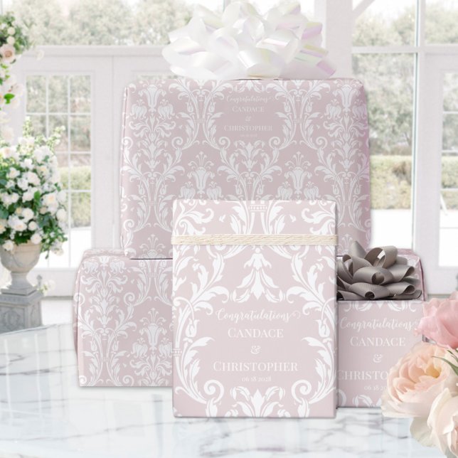 Papel De Regalo Dusty Rosa Blanco Damask Añadir nombre y felicitac (Subido por el creador)