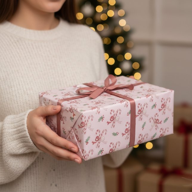 Papel De Regalo Dusty Rose Pink Candy Cane Coquette Bows Christmas (Subido por el creador)