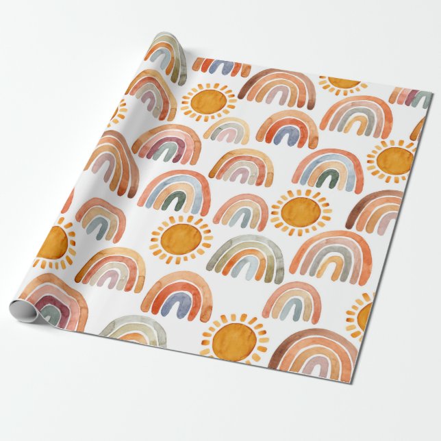 Papel De Regalo Earthy Modern Boho Rainbow and Sun (Desenrollado)