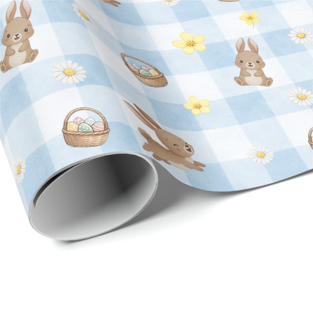 Papel De Regalo Easter Bunny Blue Gingham Wrapping Paper (Esquina del rollo)