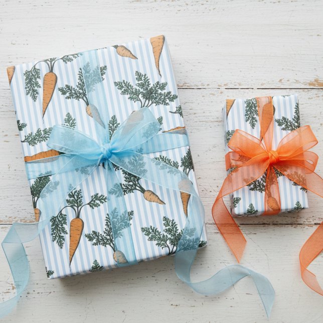 Papel De Regalo Easter Bunny Carrots & Blue Stripes (Cute Carrots & Green Leaves Vegetable Food Pattern Wrapping Paper for Easter and Vegan Themed Party)