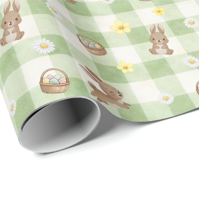 Papel De Regalo Easter Bunny Green Gingham Wrapping Paper (Esquina del rollo)