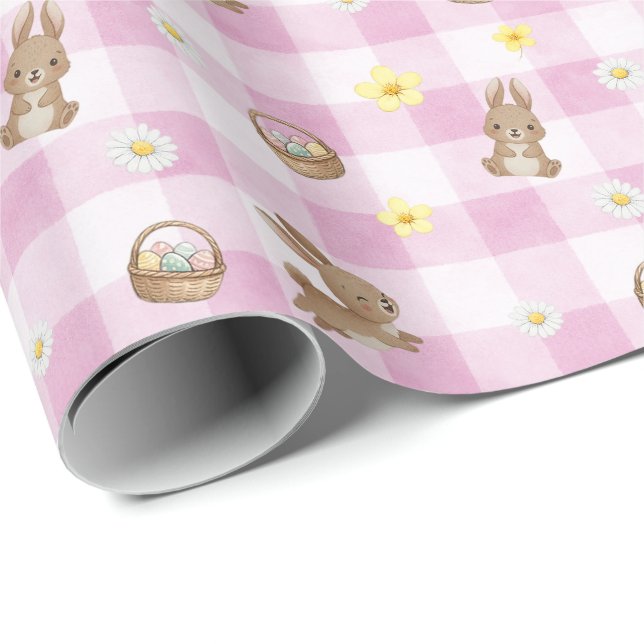 Papel De Regalo Easter Bunny Pink Gingham Wrapping Paper (Esquina del rollo)