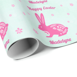 Papel De Regalo Easter Bunny Rabbit Daisies Pink Aqua Personalizad