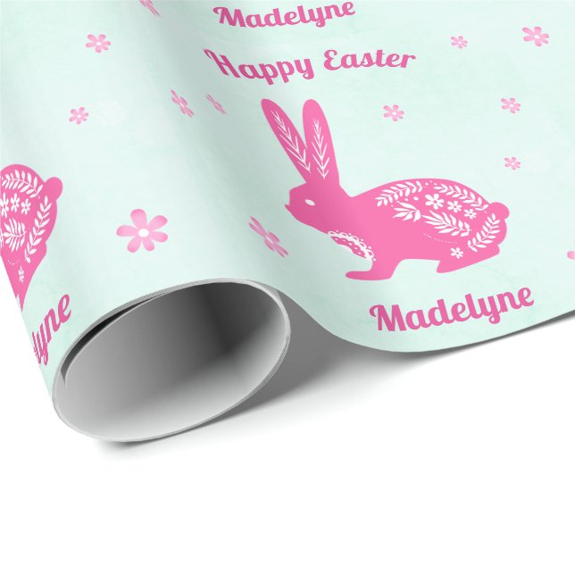 Papel De Regalo Easter Bunny Rabbit Daisies Pink Aqua Personalizad (Esquina del rollo)