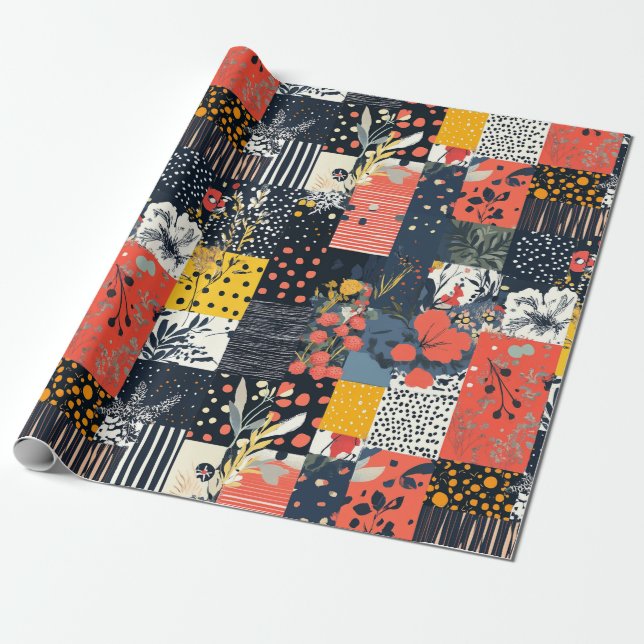 Papel De Regalo Ecléctico Patchwork Botánico Audaz con Lunares (Desenrollado)