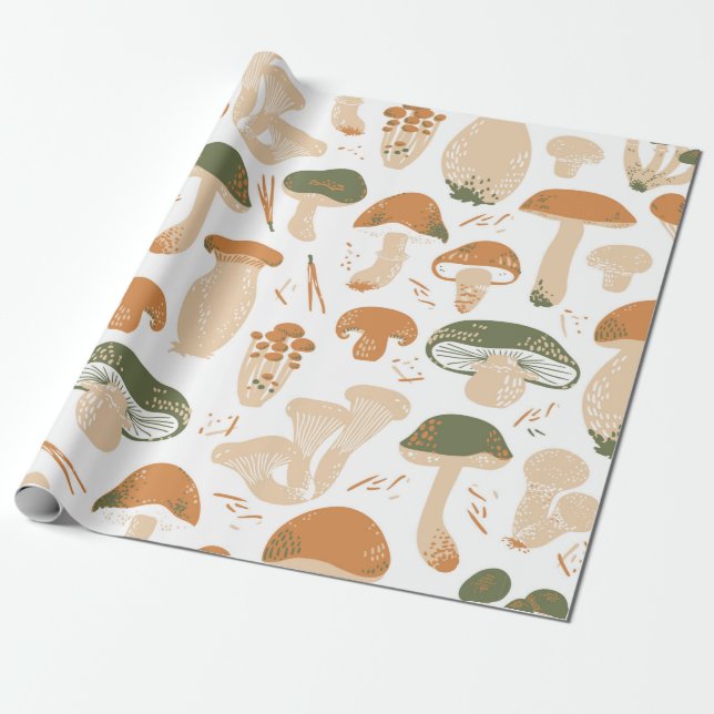 Papel De Regalo Edible Mushrooms seamless pattern. Linocut old sty (Desenrollado)
