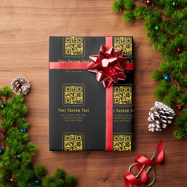 Papel De Regalo Editable QR Code & Text Template | Black & Gold (Regalo de vacaciones)