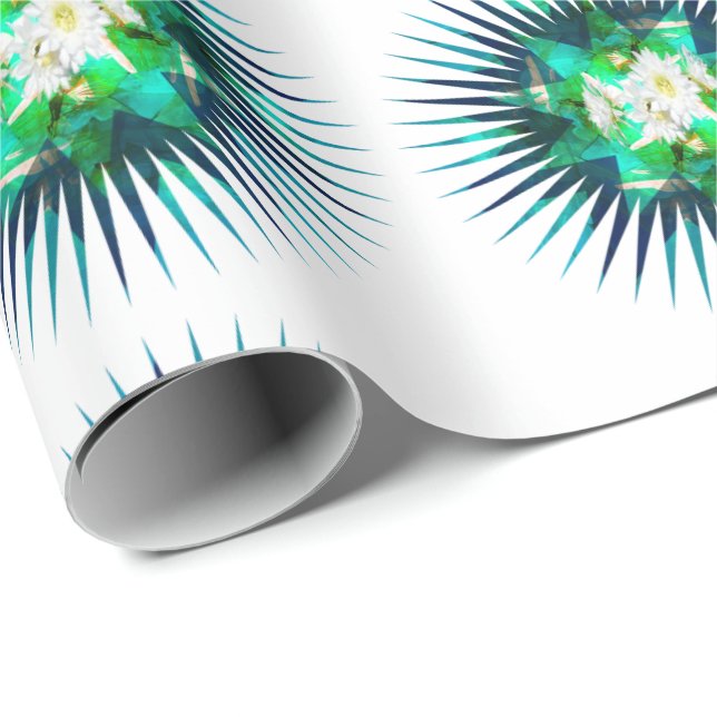 Papel De Regalo Efecto Kaleidoscopio de Flor de Aqua Cactus, (Esquina del rollo)