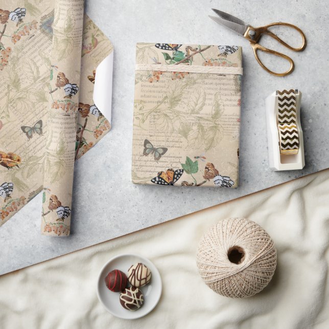 Papel De Regalo Éfemera botánica de mariposa vintage (Artesanía)