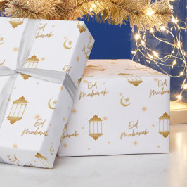 Papel De Regalo Eid Mubarak Blanco + Linternas Elegantes Oro + Lun