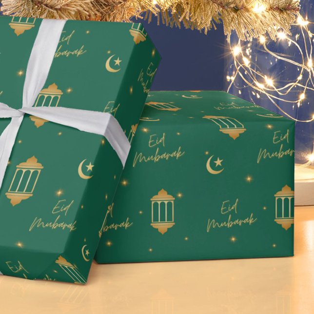 Papel De Regalo Eid Mubarak Green + Linternas Elegantes de Oro + L (Modern, elegant "Eid Mubarak" wrapping paper in emerald green + gold, with lanterns, moon + stars.)