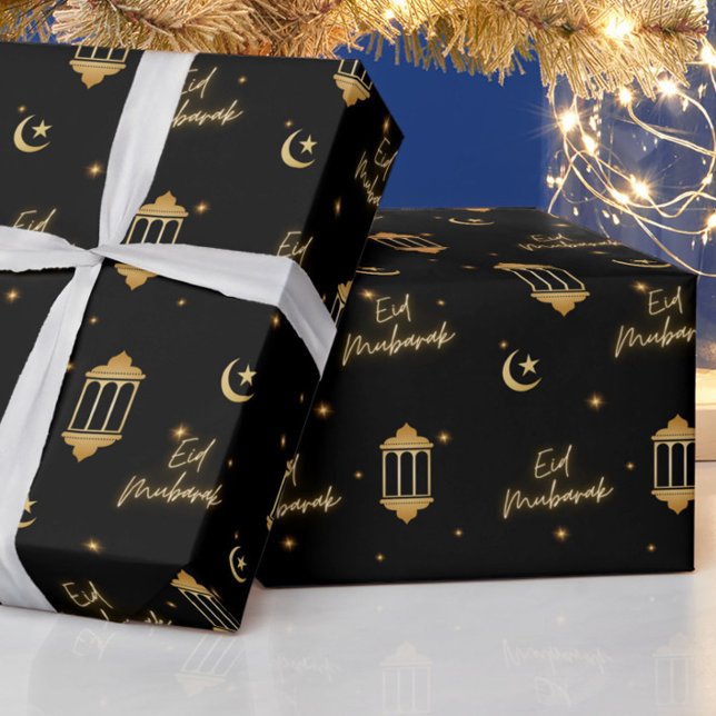 Papel De Regalo Eid Mubarak Negro + Linternas Elegantes de Oro + L (Elegant, modern "Eid Mubarak" black + gold wrapping paper, for your Eid gifting!)
