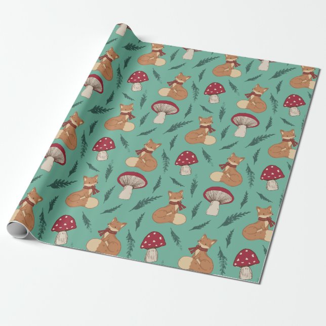 Papel De Regalo El acogedor Fox con champiñones. Turquesa. (Desenrollado)