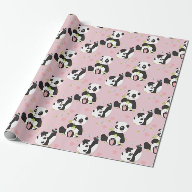 Papel De Regalo El bebé Panda tiene corazones rosados (Desenrollado)