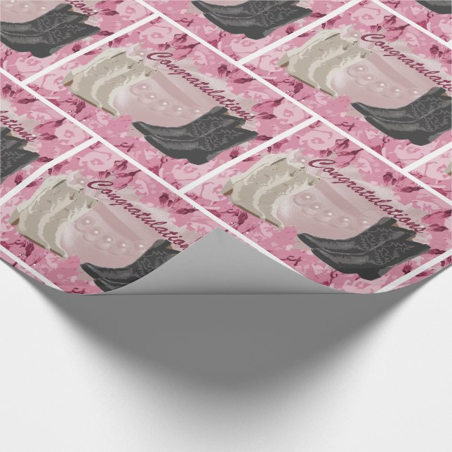 Papel De Regalo El Boda occidental Cowboy Boots An Pink Flo Wwers (Esquina)