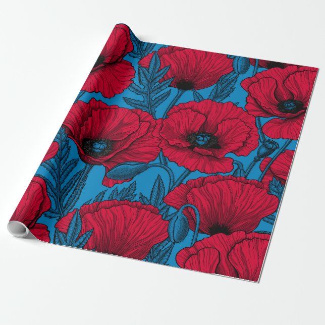 Papel De Regalo El jardín de amapola roja en azul (Desenrollado)