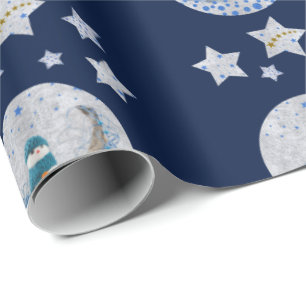Papel De Regalo El muñeco de nieve, estrellas azules brillantes,