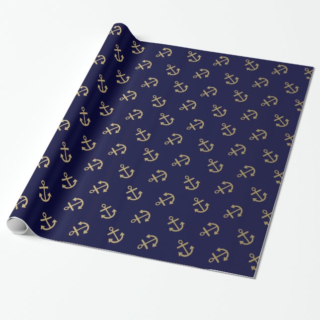Papel De Regalo El oro ancla el modelo del fondo de los azules (Desenrollado)
