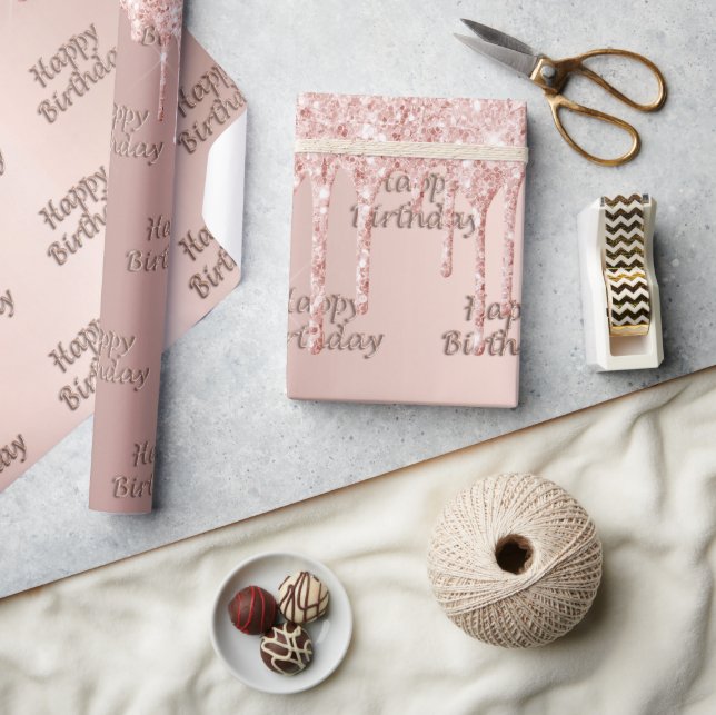 Papel De Regalo El oro rosa de cumpleaños gotea de rosa (Artesanía)