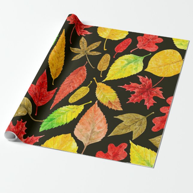 Papel De Regalo El otoño deja la acuarela oscura (Desenrollado)